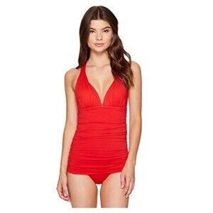 RALPH LAUREN  Beach Club Plunge Tummy Control Skirted Swimsuit 8 Reo Red